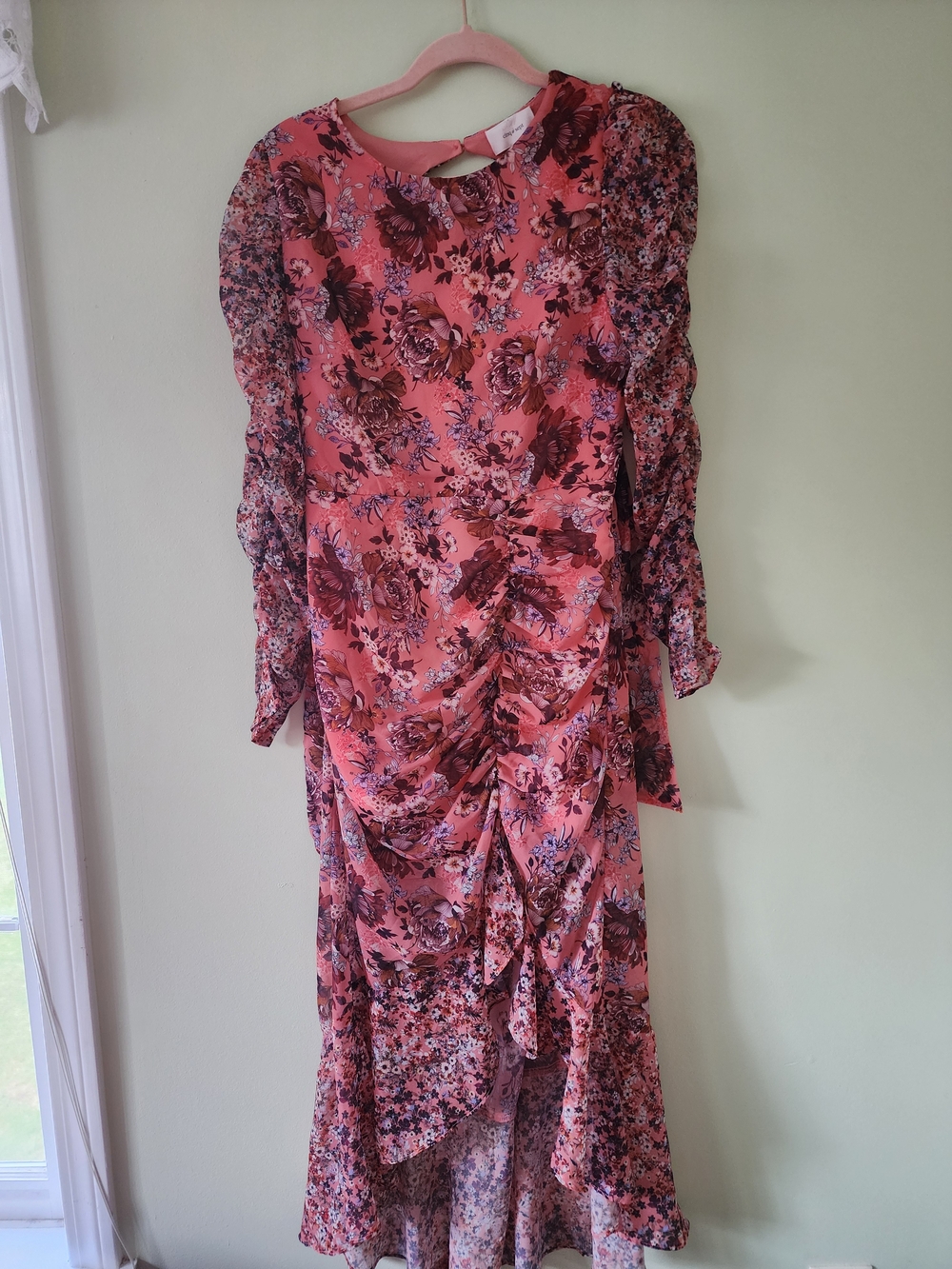 NWT cinq a sept Coral-Pink Floral Ruched Long Sleeve Midi Dress